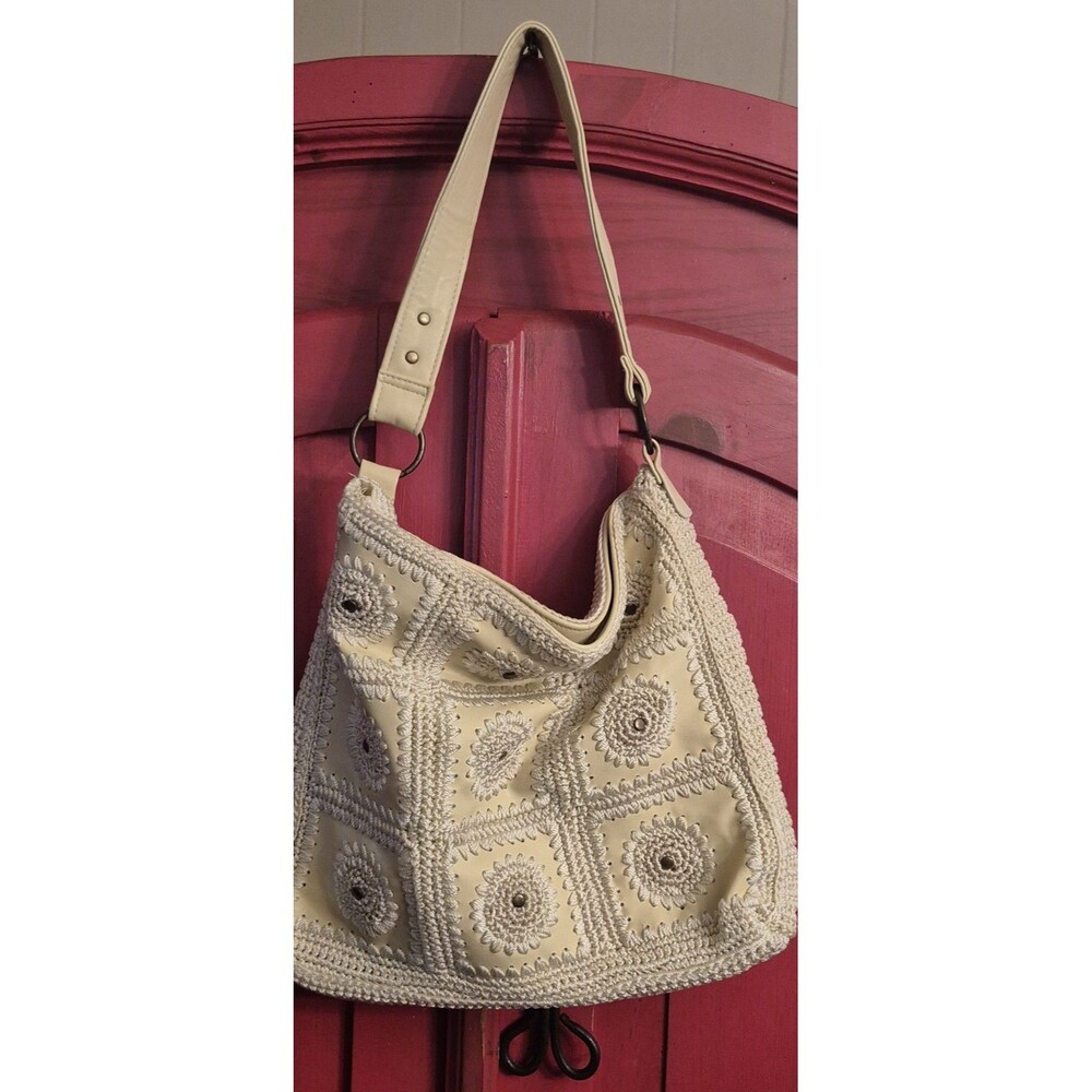 Vintage Boho Cream Crochet Medallion Hobo Bag Knit Patchwork Shoulder Purse EUC